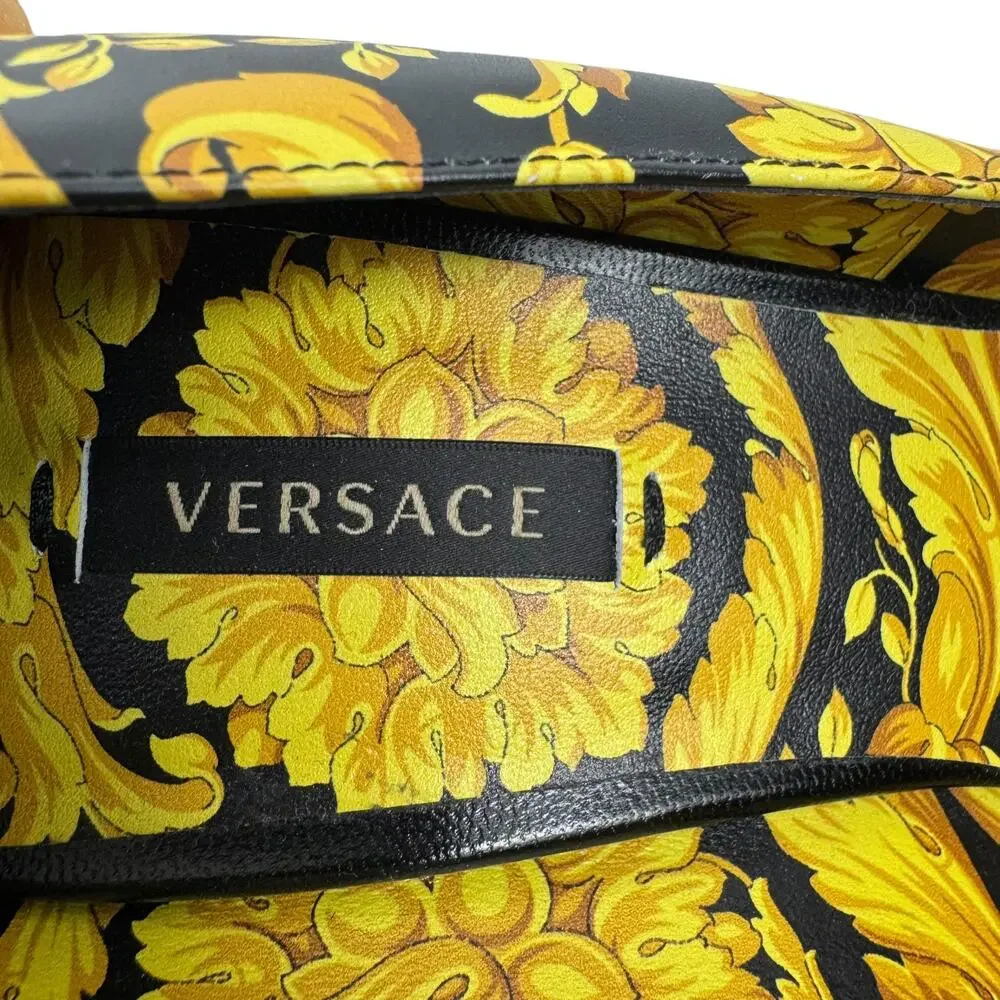 Versace Borocco Medusa Leather Heels Pointed Toe Printed Black And Gold 39.5